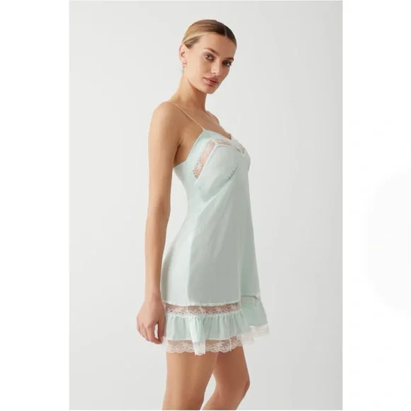 Frankie’s Bikinis Carson Satin Mini Dress in Pistachio
